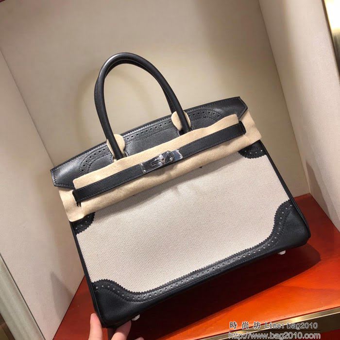 HERMES愛馬仕 鉑金包 Birkin Ghillies 30Cm Swif拼Tc 89 Noir 黑色 銀扣 頂級工藝 手縫蠟線 時尚手提包  Ama1598